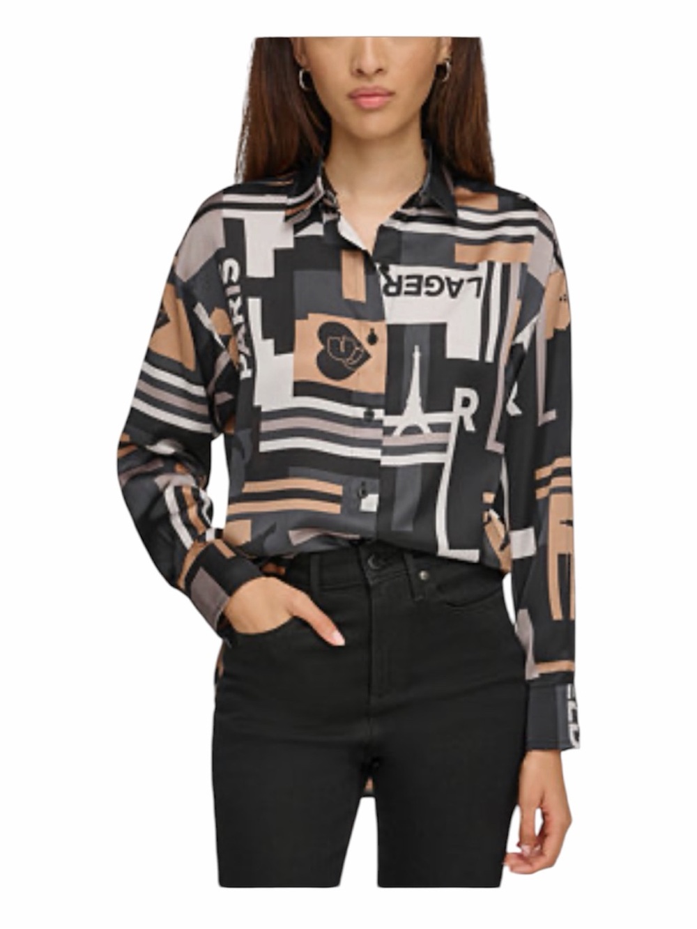 Karl Lagerfeld Paris Black, Gold & Gray Geometric Logo Button-Up Blouse Size M